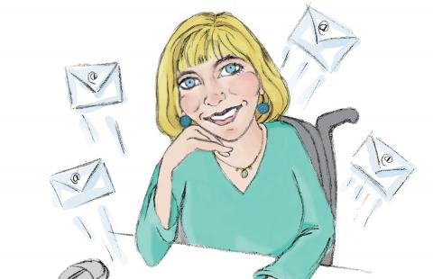 a caricature of Kathy Bates, a woman with blond hair in a wheel chair answering emails with a light bulb above her head