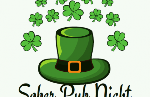 A leprechaun hat and clovers with the words "Sober Pub Night"