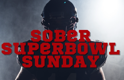 A football player standing in the mist with the words "Sober Superbowl Sunday"