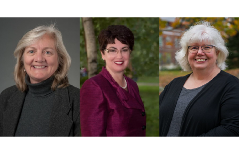 staff portraits of Shelly Mulligan, a woman with wavy shoulderlength graying hair in a dark gray turtleneck and blazer, Rosemary Caron, a woman with short brown hair wearing glasses and a burgundy suit jacket, with matching lipstick and a pearl necklace, and Rae Sonnenmeier, a woman with wavy chin length white hair wearing glasses, a grey blouse and black cardigan.