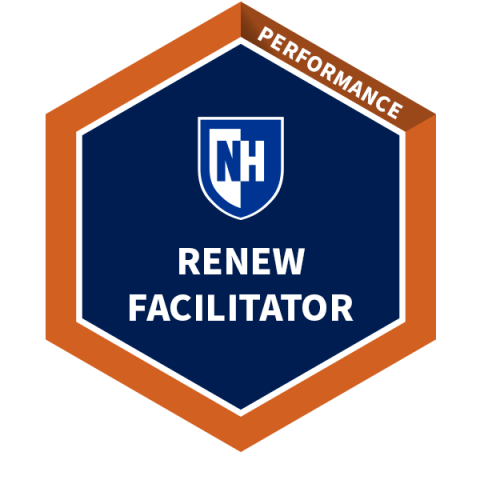 A digital badge consisting of a dark blue hexagon that says "RENEW Facilitator." Brown hexagon surrounding the blue that says "Performance."