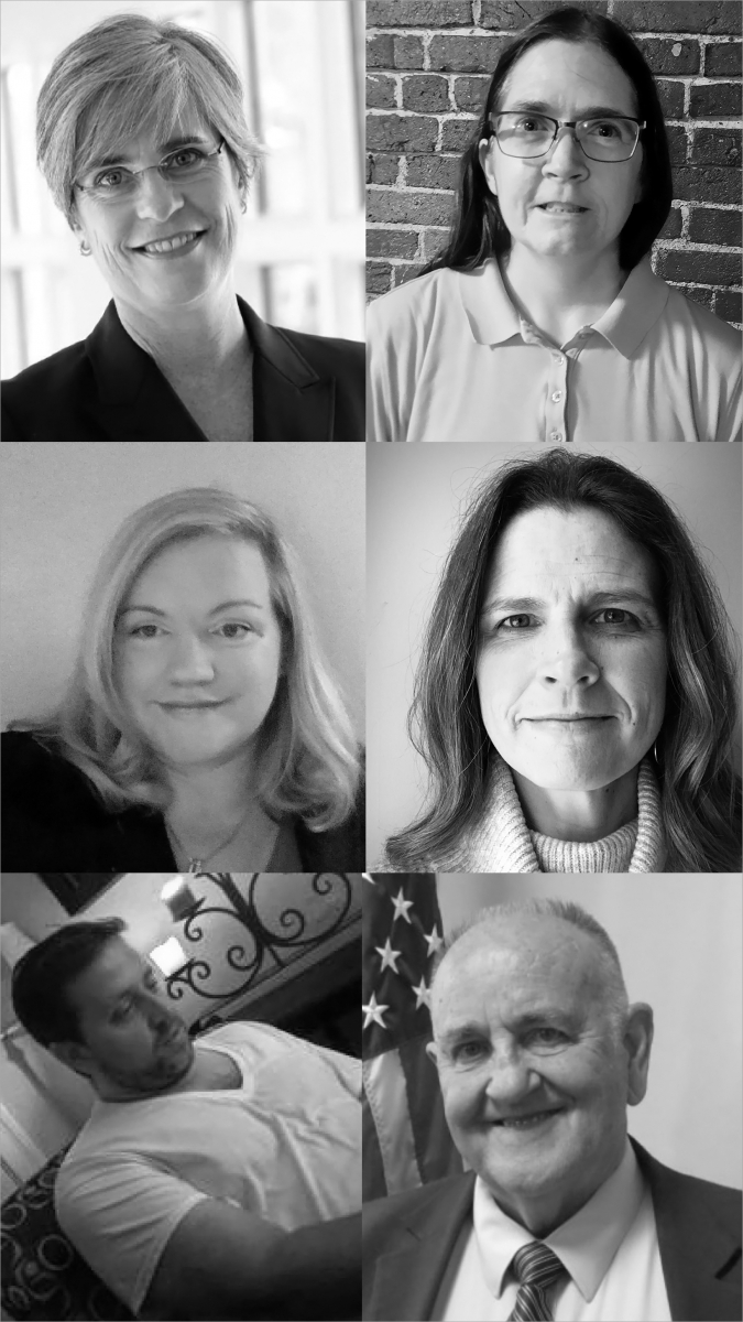 collage of headshots of: Top left: Cathy Breen–ME State Senator; Top right: Kelly Ehrhart–President of People First; Middle left: Karen Blake–Director of Public Policy and Advocacy/CSNI; Middle right: Laura Sweet– parent advocate; Bottom left: Thomas Minch–Disability Rights Maine; Bottom right: Sawin Millett–ME State Representative