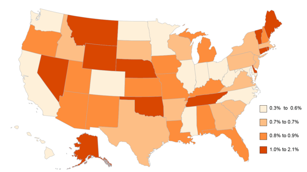 U.S. Map showing % of disability in children under 5.
