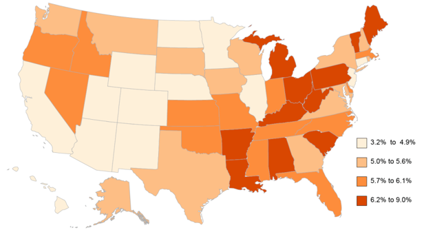 US Map showing percentage of those 5-17 with a disability