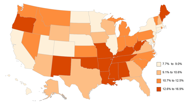 U.S. Map showing percentage of adults 18-64 with a disability