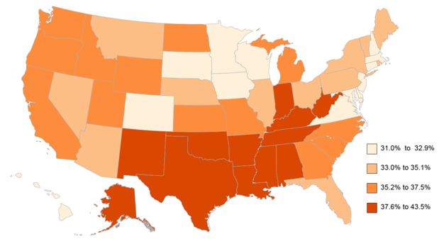 U.S. Map showing percentage of adults 65+ with a disability.