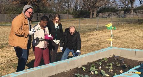 A group of people with disabilities enjoying a gardening activity 