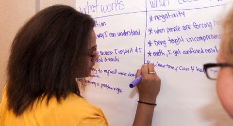 A teen writes on a flipchart on a wall two lists, one of what works, and the other of what doesn't work
