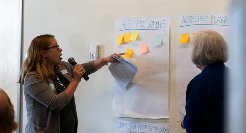 A woman speaks to the room from a handheld mic at a training event. She's reading out post it notes tagged to a big flip chart page marked as Accessible Voting.