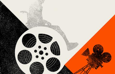 An illustration with a person in a wheelchair that uses a film reel as a wheel