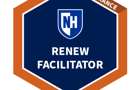 A digital badge consisting of a dark blue hexagon that says "RENEW Facilitator." Brown hexagon surrounding the blue that says "Performance."