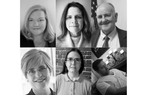 collage of headshots of: Top row to bottom row from left to right: Karen Blake–Director of Public Policy and Advocacy/CSNI; Laura Sweet– parent advocate; Sawin Millett–ME State Representative; Cathy Breen–ME State Senator; Kelly Ehrhart–President of People First; Thomas Minch–Disability Rights Maine