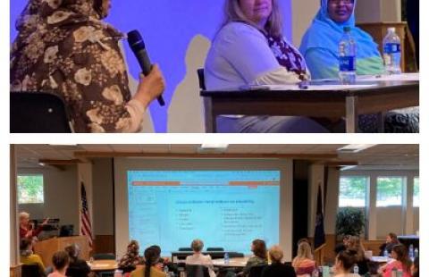 Top: A woman in a brown, flowered headscarf is talking into a microphone. Another woman in a sweater is sitting at a table next to a woman in a blue headscarf.  Bottom: LEND staff and trainees listen to Betsy Humphreys give a presentation.
