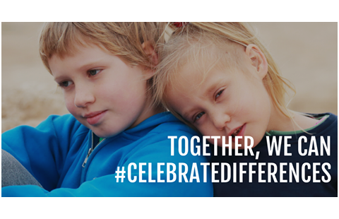 Picture of two children leaning on each other at the beach. Quote reads, "together, we can celebrate differences". Picture provided by the Autism Society of ME. 