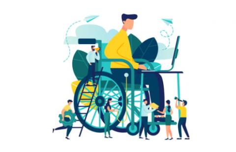 Clipart of a person in a wheelchair sitting at a laptop with various people doing additional tasks.