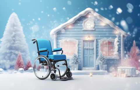 A snowy winter scene with a blue wheelchair in the foreground