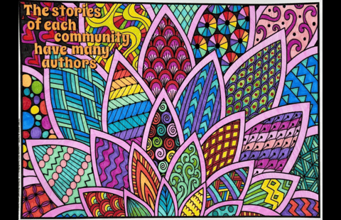 A screenshot of a coloring book page created by a participant, saying "the stories of each community have many authors."