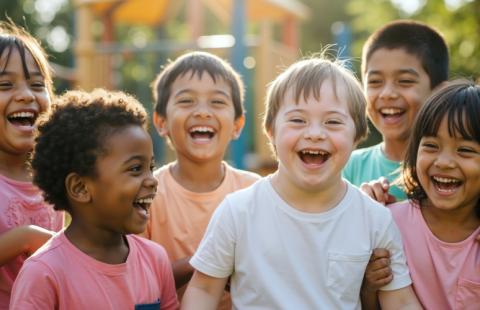 A diverse group of happy children smiling together for a photo on a playground.