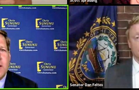Gov. Chris Sununu debates Senator Dan Feltes on Zoom.