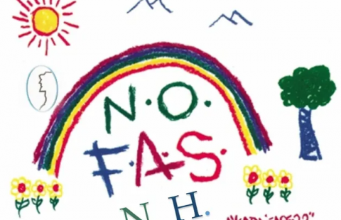 Drawing of a rainbow with "No FAS NH" written in bright colorful letters