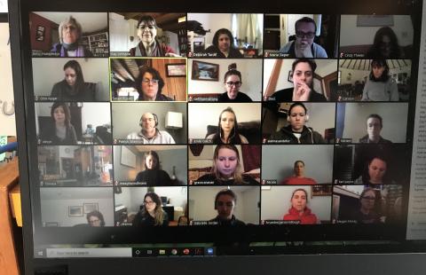Picture of nearly 30 people participating in a video conference call. 