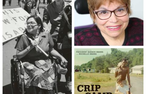 A photo collage showing two images of Judy Heumann and the Crip Camp movie poster