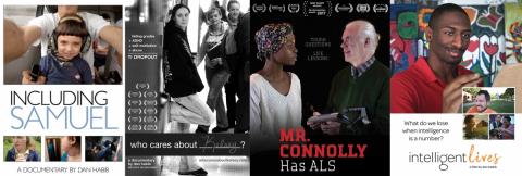 Film posters for Including Samuel, Who Cares About Kelsey?, Mr. Connolly Has ALS, and Intelligent Lives