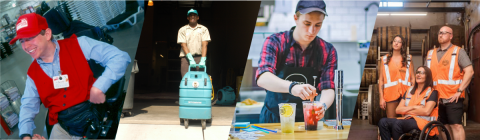 4 images of people with and without disabilities in work environments ranging from retail, industrial, to food industry