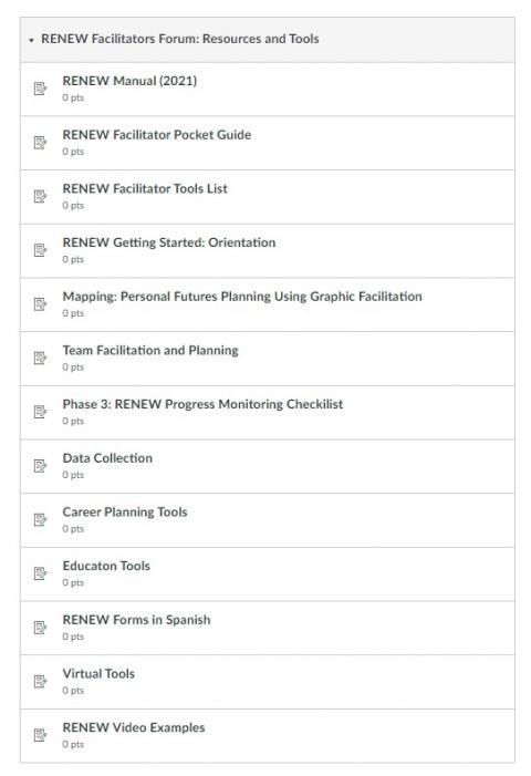 A screenshot of the resources available in the Facilitators Learning Portal.