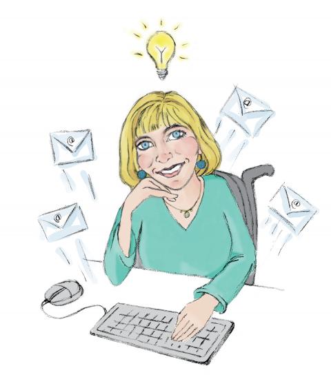 a caricature of Kathy Bates, a woman with blond hair in a wheel chair answering emails with a light bulb above her head