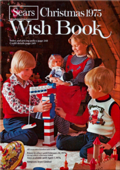 Vintage cover of Sears Christmas 1975 Wish Book showing kids a girl and two boys playing with their Christmas toys.