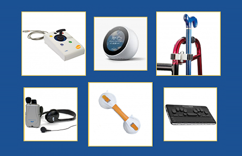 Pictures of different assistive technology equipment available through AT4All: An AAC Switch, an alarm clock that shows the weather, a cane holder on a walker, a headset attached to a portable listening device, a dumbell, and an adaptive keyboard