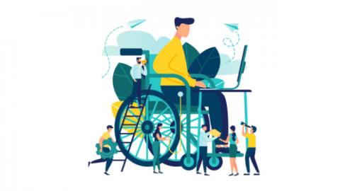 Clipart of a person in a wheelchair sitting at a laptop with various people doing additional tasks.