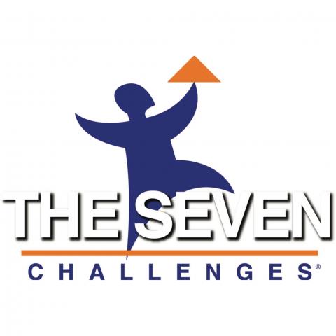 A blue "star person" balancing a yellow triangle on its hand. Text: The Seven Challenges