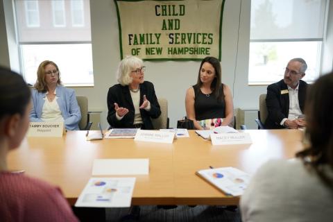 JoAnne Malloy speaks to a table of Waypoint representatives with colleague Macey Muller listening in.