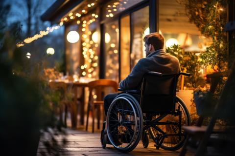 A man in a wheelchair sits alone on a deck attached to a house with white twinkle lights in the window.