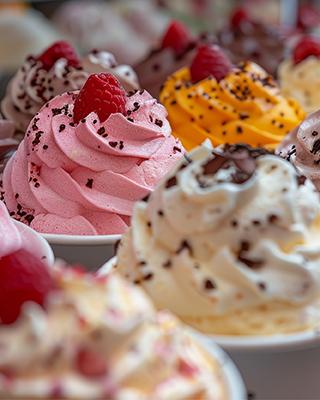 different flavors of ice cream in paper cups with berries and other toppings