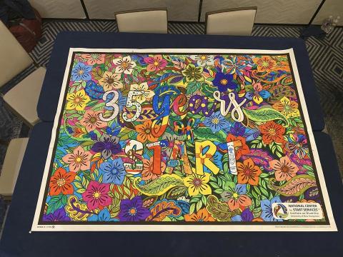 A poster saying 35 years of START that was filled in with colorful markers by event participants