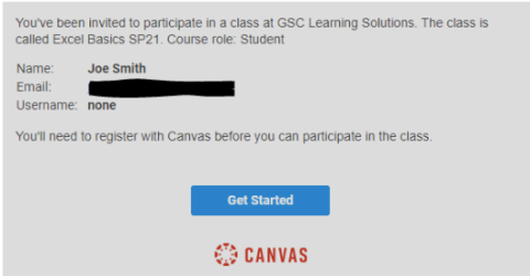 A screenshot of an email from Canvas with a blue "get started" button