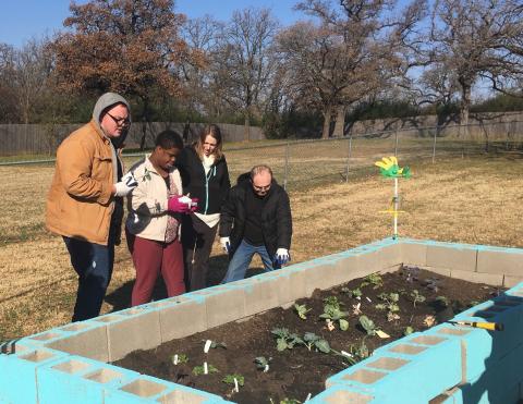 A group of people with disabilities enjoying a gardening activity 