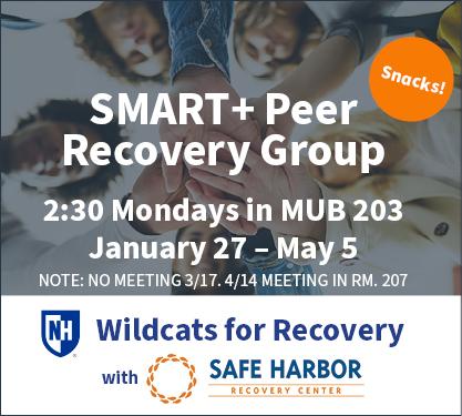 SMART Peer Recovery Group, 2:30 Mondays in MUB 203 January 27 - May 5. No meeting 3/17 and 4/14 meeting in room 207