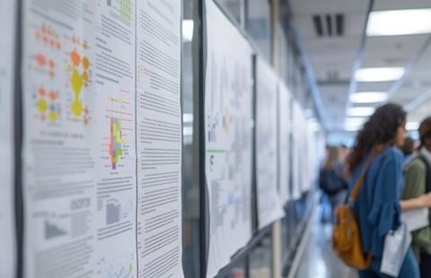 Photo of academic research posters on a wall with people in the background