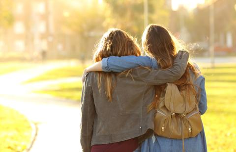 Two siblings walk in the park together, arms around each others waist.