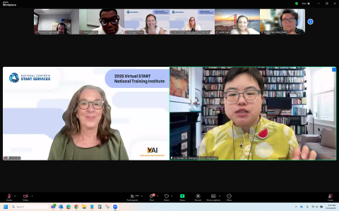 A screenshot of a virtual conference with several people smiling