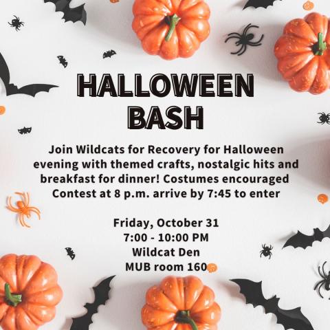 Wildcats for Recovery Halloween Bash event flier - details in main text.