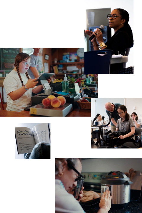 Collage of several photos;  a black woman speaking into a microphone at a training; a young woman with Down Syndrome ringing up fruit at a farm stand store; Someone demonstrating Assistive Technology to help with daily living; someone looking at statistics on disabilities; and someone using a smartphone to help use a rice cooker.