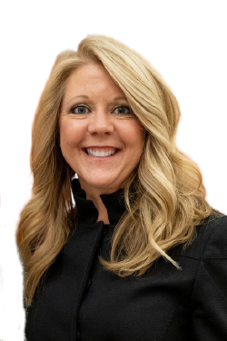 Headshot of Kami Gallus smiling, with long blond hair, wearing a black  shirt. 