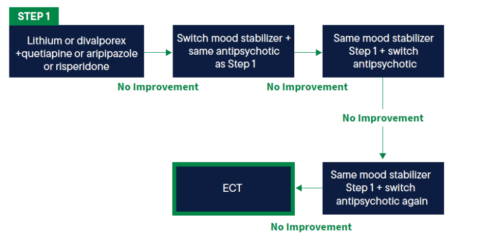 Chart showing the steps taken to treat severe mania via medication. 