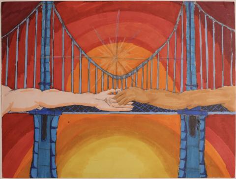 A painting of two hands reaching out and clasping together in front of a bridge