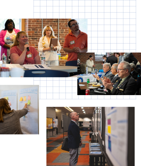 A collage of photos of people at different IOD trainings. It ranges from rooms where people can voice their thoughts, interactive activities, spaces where veterans and legislators interact, and poster sessions.
